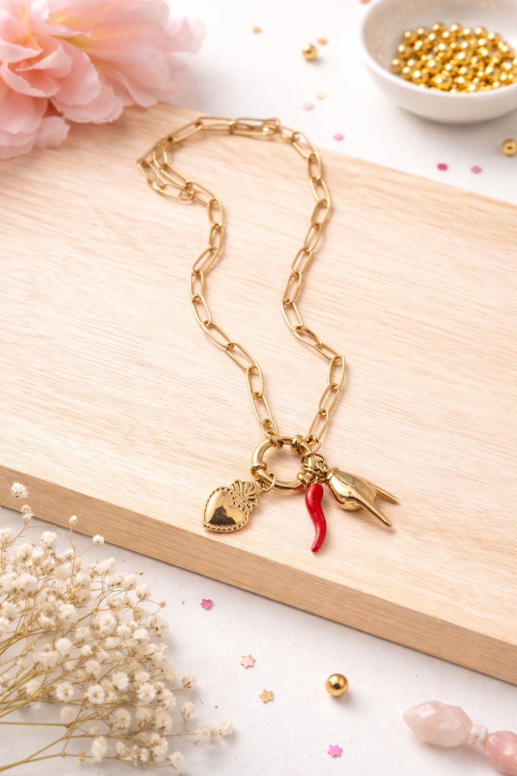 Stainless Steel Palm Red Paper Charms Pendant Necklace