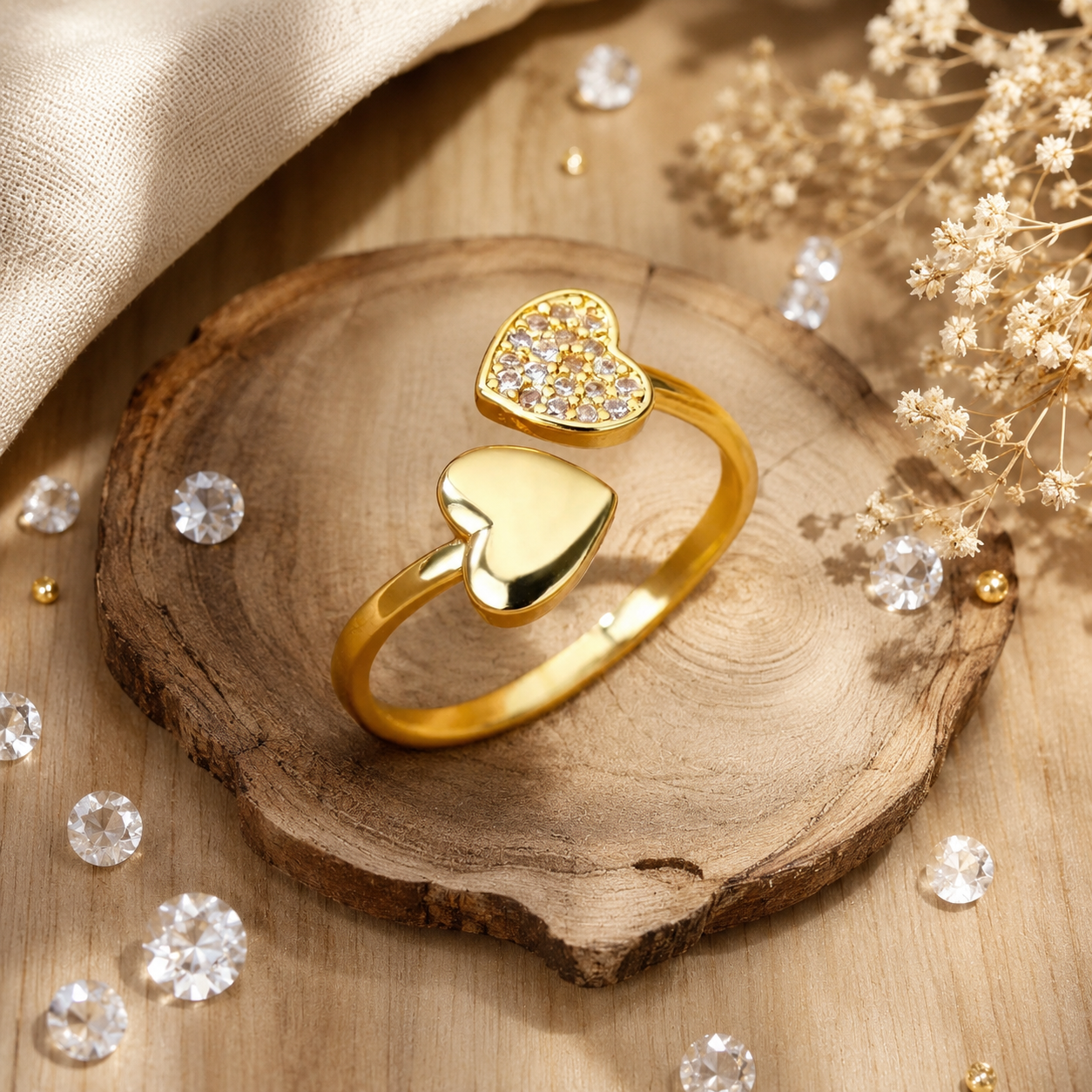 Adjustable Gold Heart Ring with Cubic Zirconia | Open Heart Ring for Women | Minimalist Statement Jewelry | Gift for Her