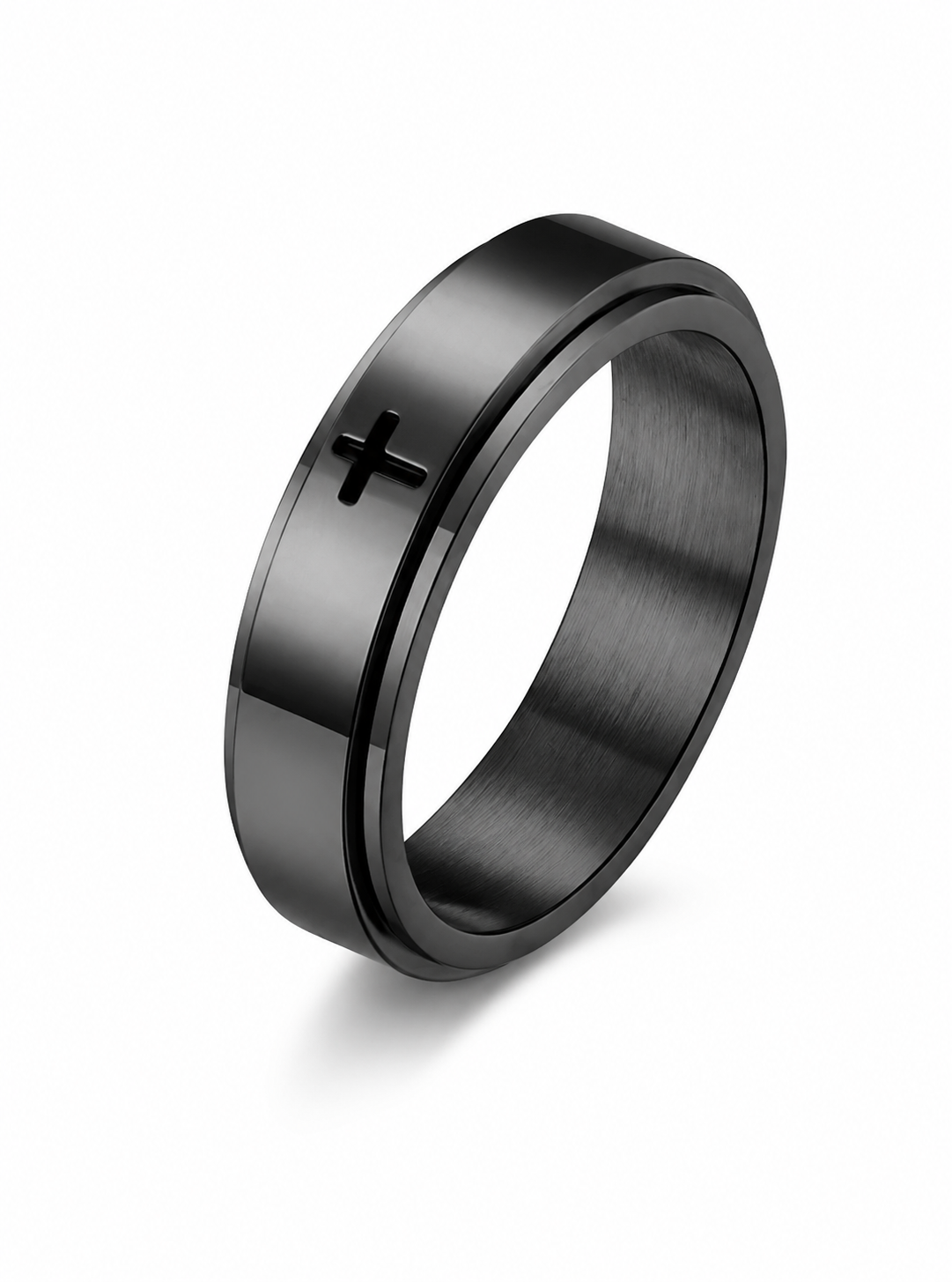Black Titanium Steel Spinner Ring with Cross | Fidget Anxiety Ring for Men & Women | Rotating Band | Minimalist Unisex Wedding Band (8)