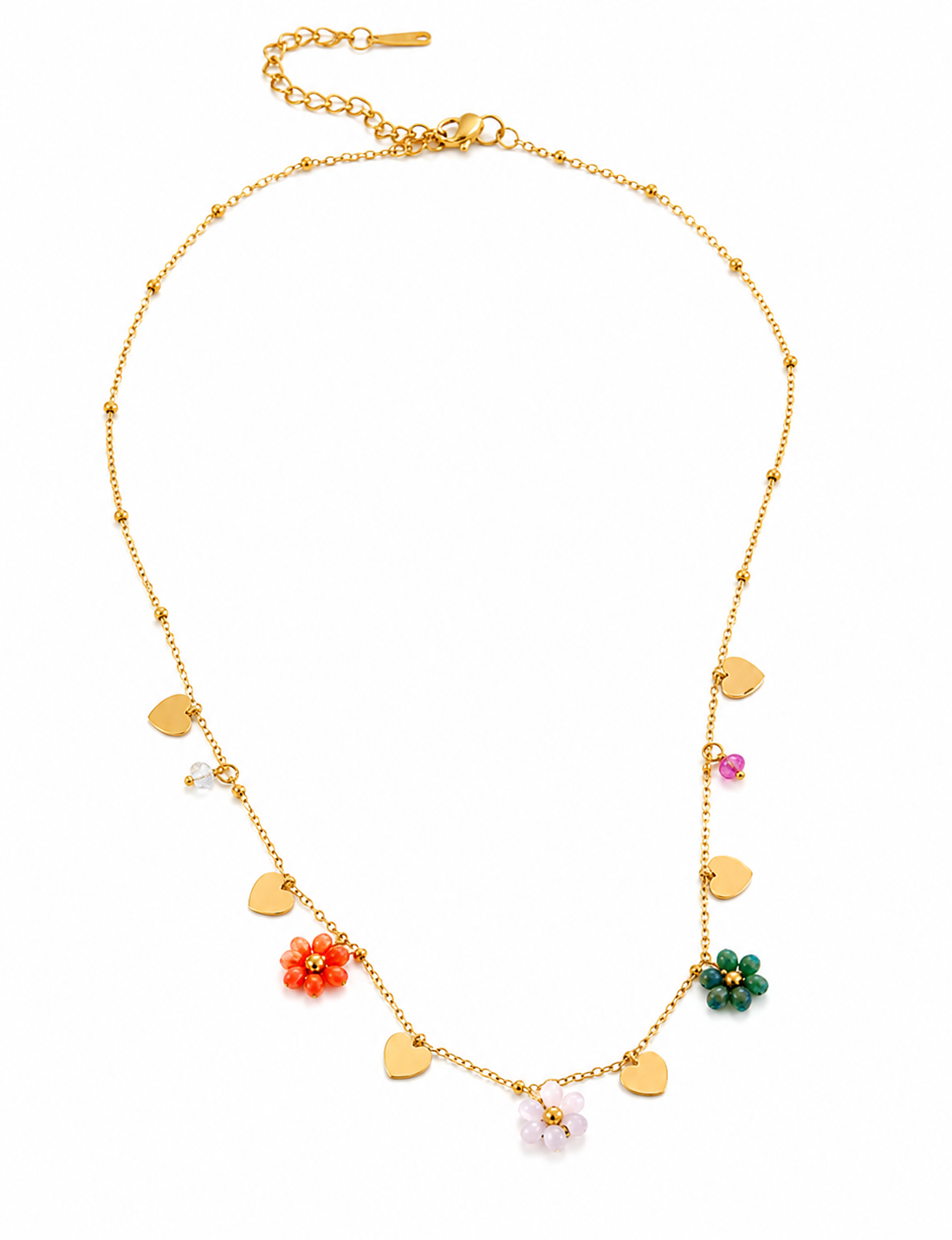 Gold Heart & Floral Charm Necklace – Colorful Stainless Steel Dainty Necklace for Women