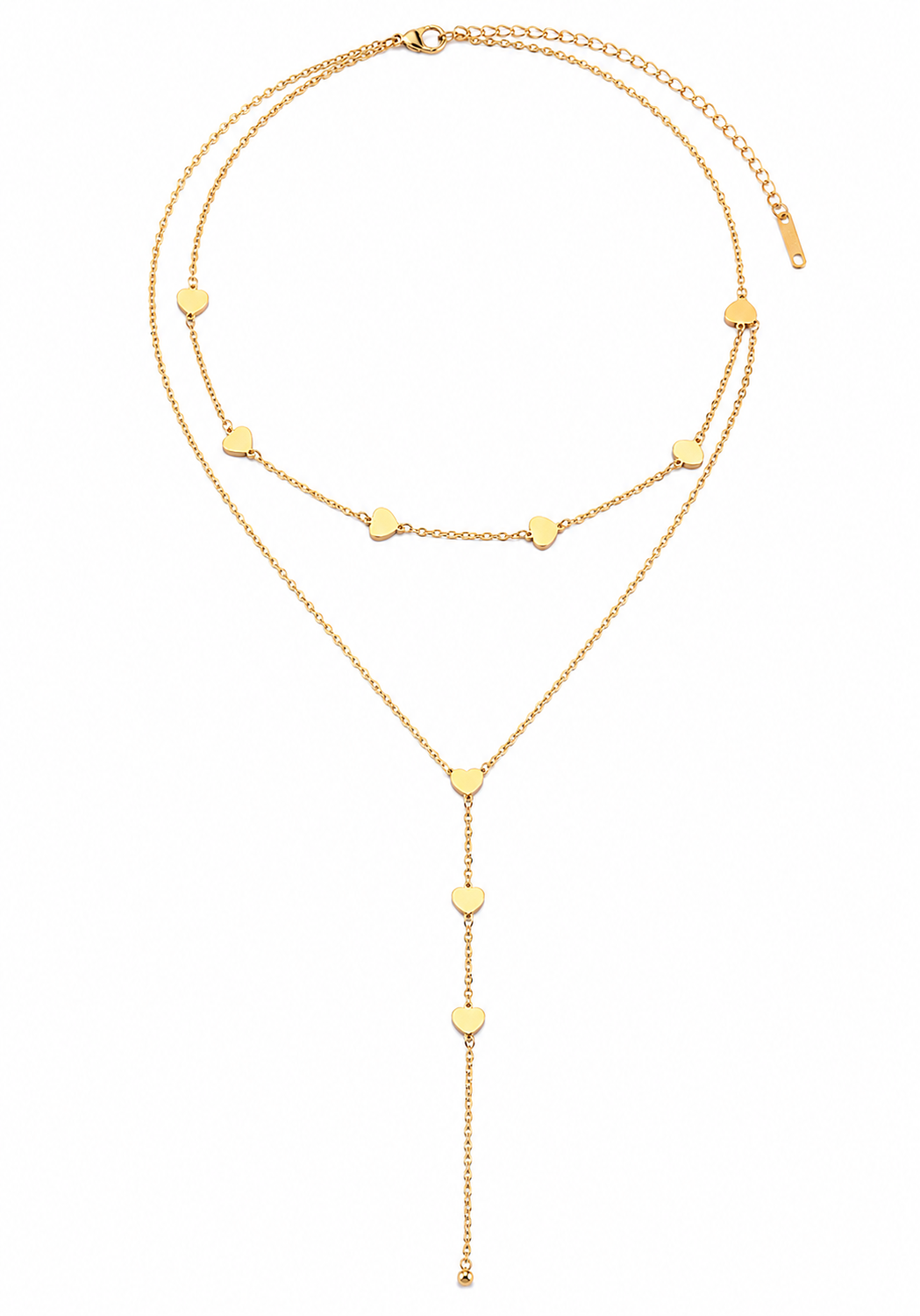 Gold Layered Heart Lariat Necklace – Stainless Steel Double Layer Heart Charm Necklace for Women