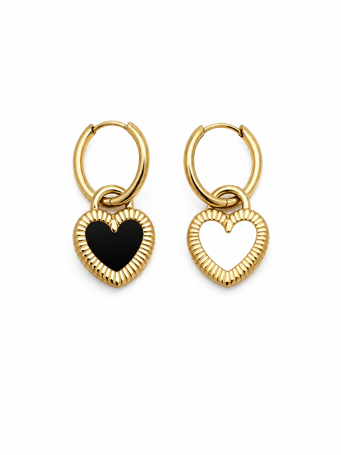 Reversible Black & White Heart Hoop Earrings – Gold Stainless Steel | Double-Sided Heart Dangle Earrings for Women