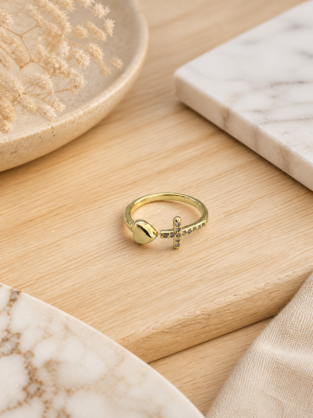 Elegant Gold Cross & Heart Ring