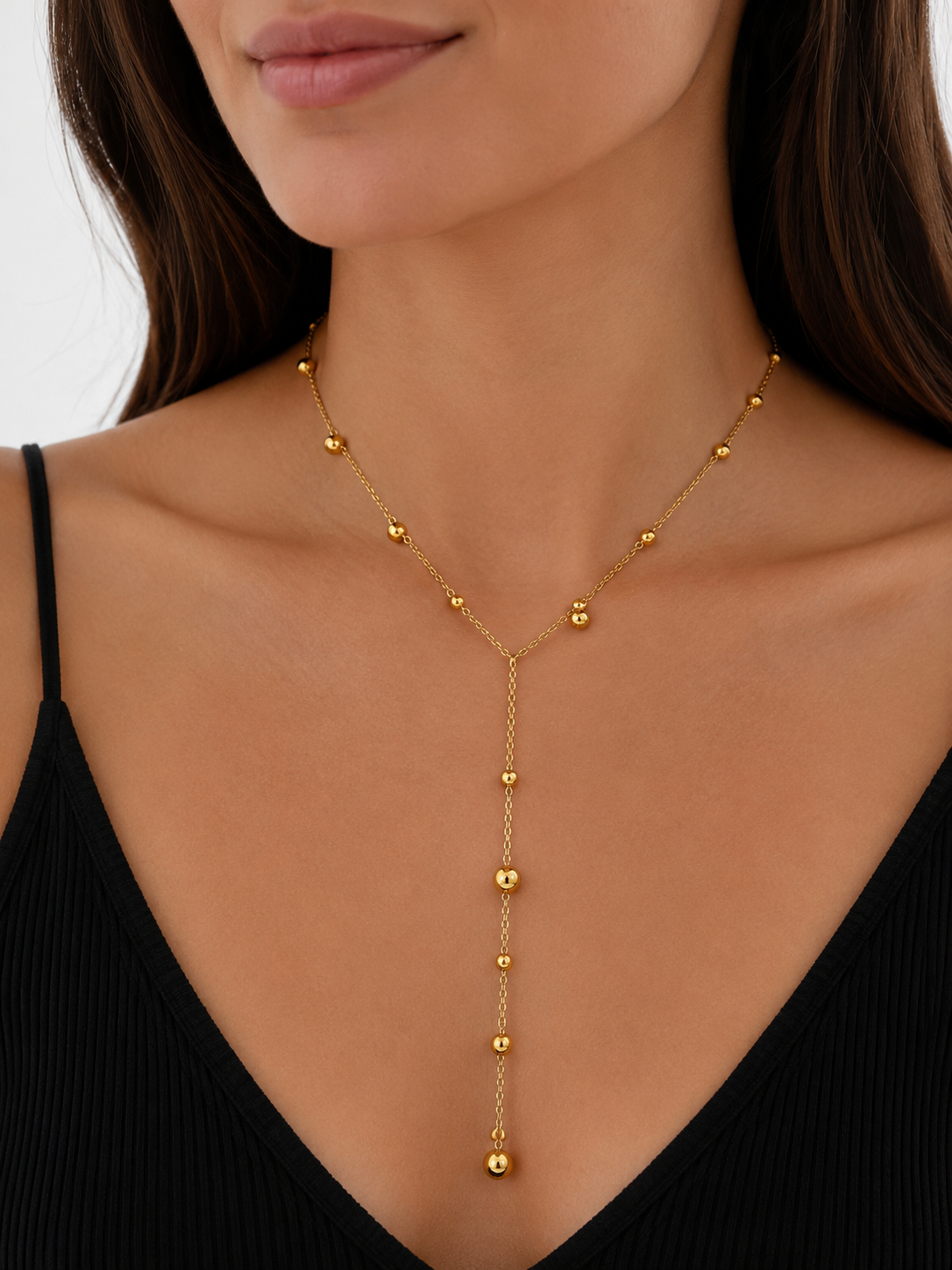 Gold Stainless Steel Lariat Necklace with Beaded Chain – Elegant Minimalist Drop Necklace for Women