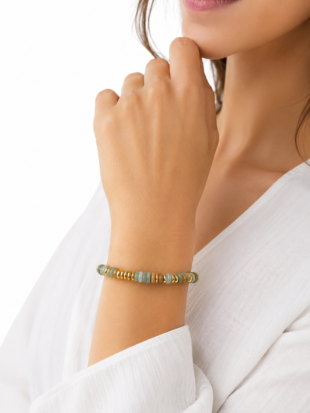 Natural Stone Beaded Bracelet – Adjustable Gold Accent Bracelet for Women