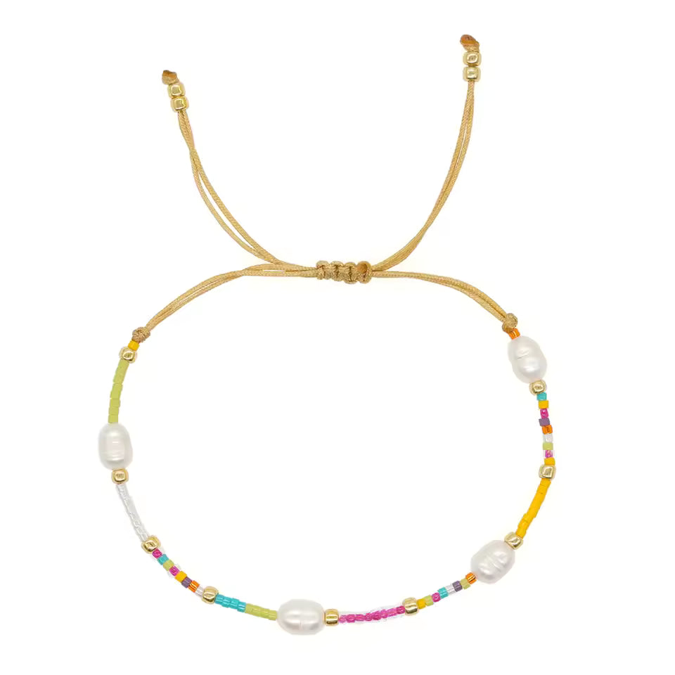 Bohemian seed bead bracelet for women, stackable rice bead and pearl bracelet.