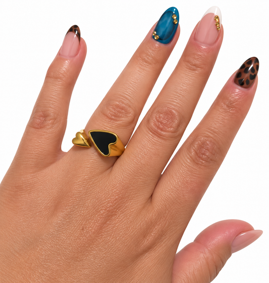 Gold-Tone Double Heart Open Ring – Black Enamel