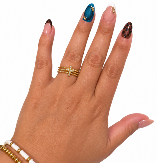 Gold Triple-Band Cross Ring
