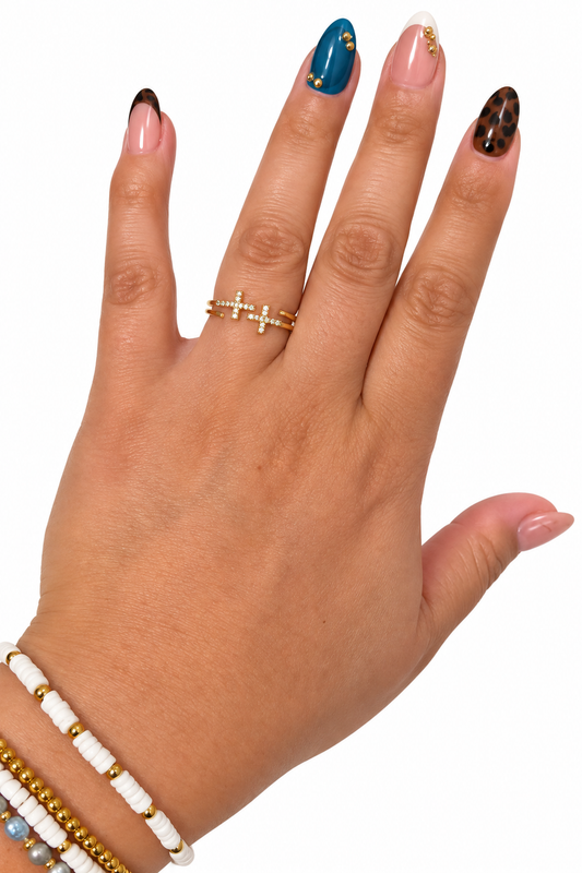 Gold Double Cross Ring with Crystal Accents