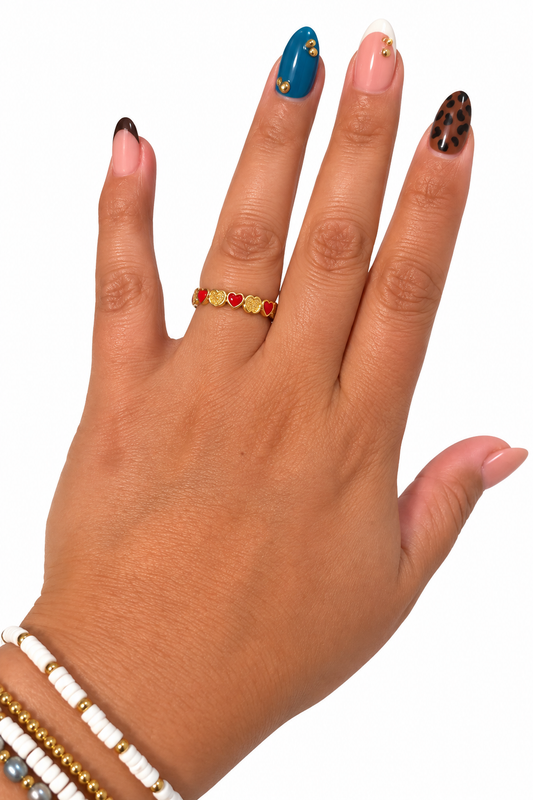 Gold-Tone Red & Gold Heart Adjustable Ring