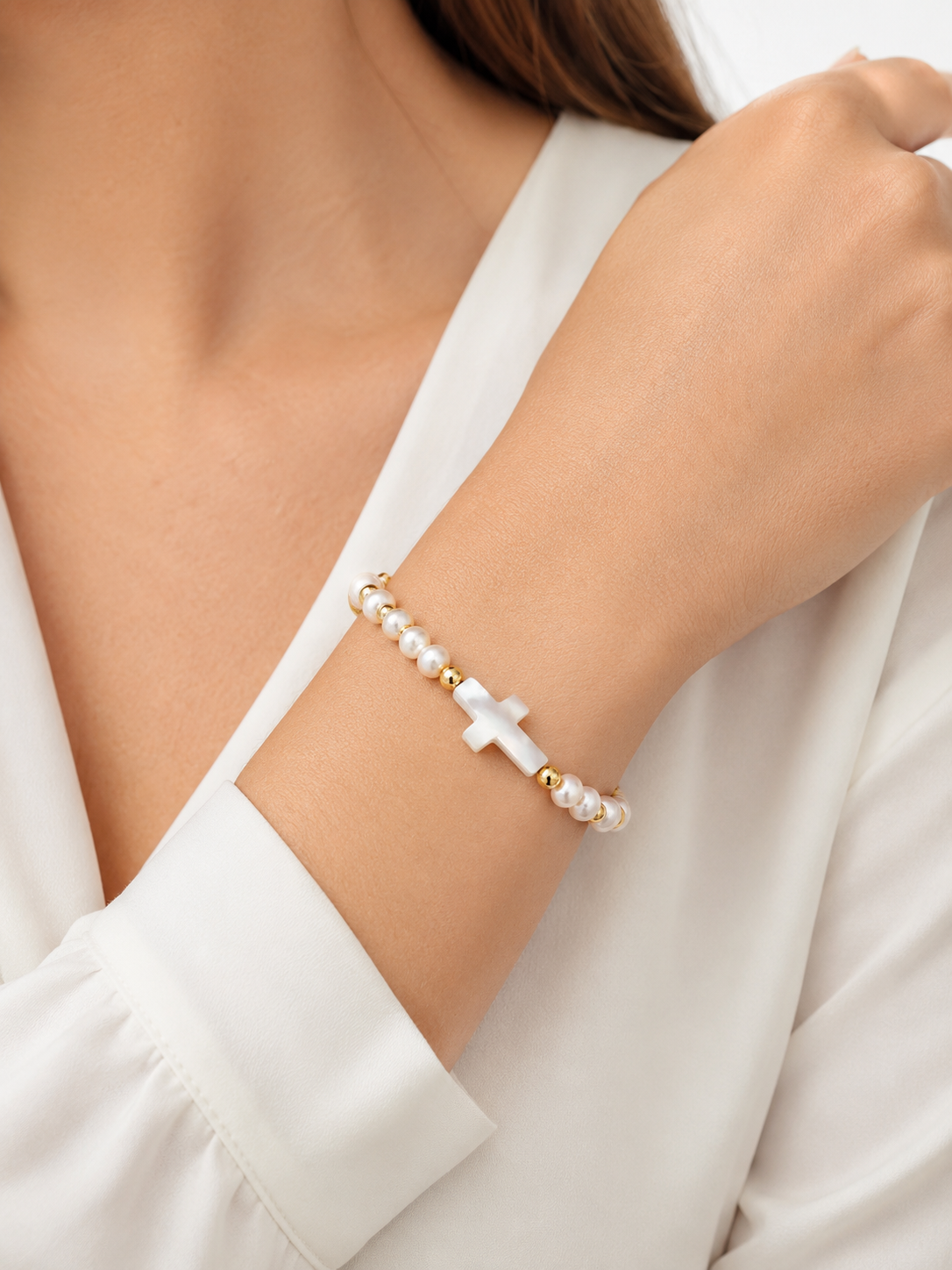Handmade Pearl Cross Bracelet – Adjustable Christian Faith Jewelry