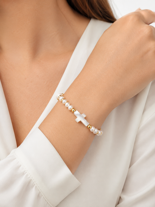 Handmade Pearl Cross Bracelet – Adjustable Christian Faith Jewelry