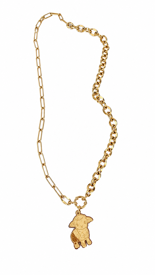 Gold Lamb Charm Necklace – Interchangeable Pendant Chain | Stainless Steel Gold Plated Christian Necklace for Women