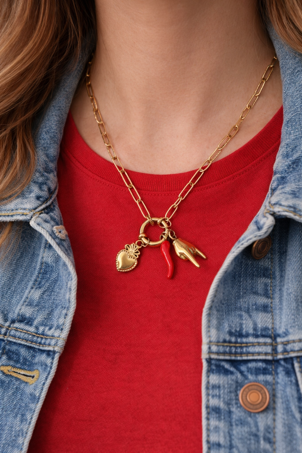 Stainless Steel Palm Red Paper Charms Pendant Necklace