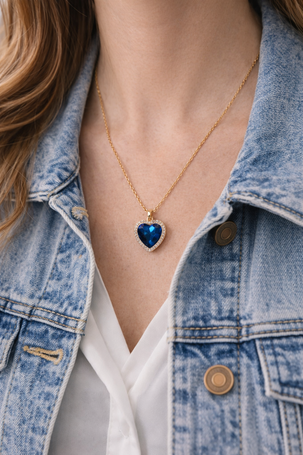 Blue Heart Crystal Gold Necklace