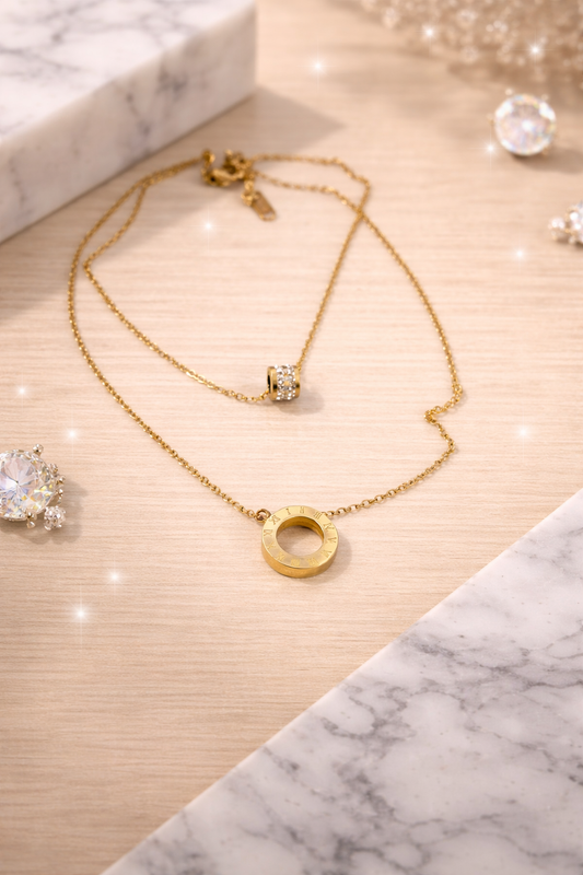 Layered Gold Necklace with Roman Numeral Pendant
