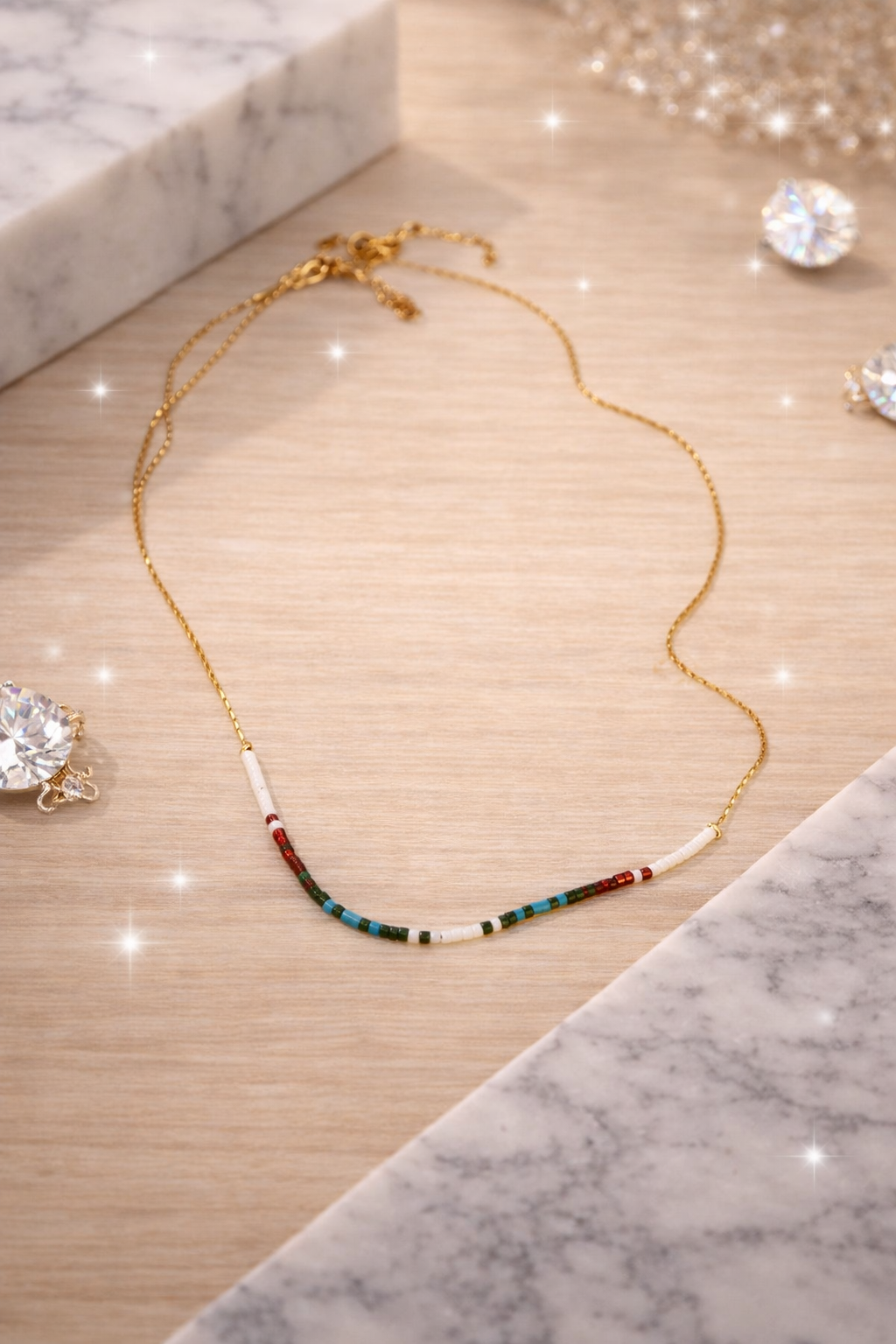 Colorful Beaded Gold Necklace – Minimal Boho Style