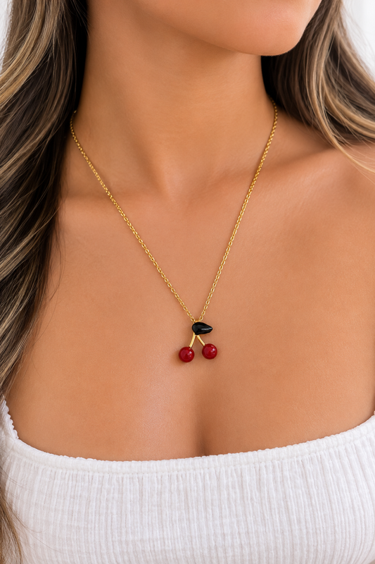 Cute Cherry Pendant Necklace – Gold Stainless Steel Minimalist Fruit Necklace for Women