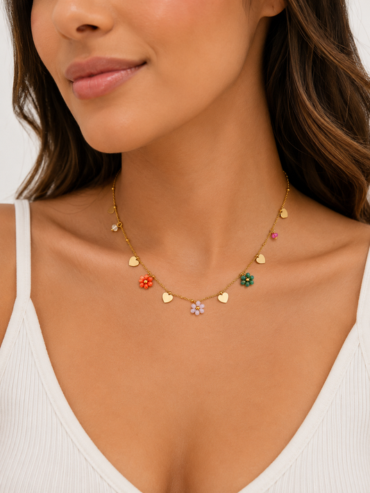 Gold Heart & Floral Charm Necklace – Colorful Stainless Steel Dainty Necklace for Women