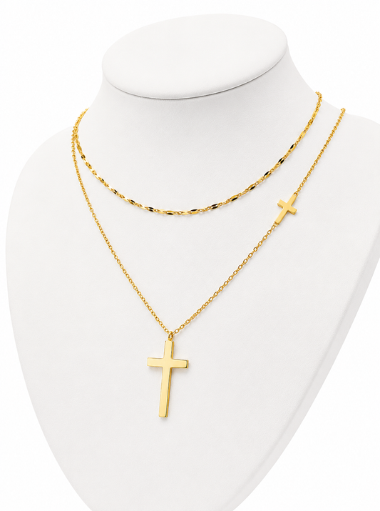 Layered Gold Cross Necklace – Stainless Steel Double Chain Christian Necklace for Women