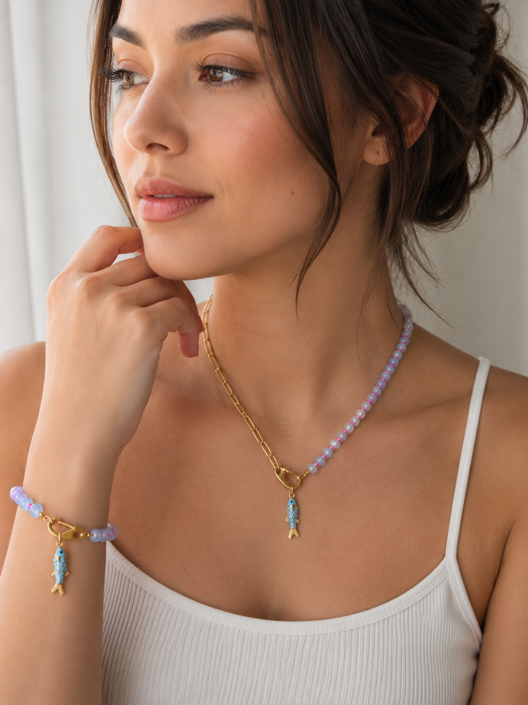 Blue Fish Charm Necklace & Bracelet Set – Interchangeable Charm Gold Stainless Steel Jewelry Set