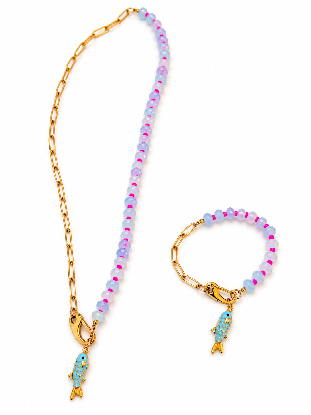 Blue Fish Charm Necklace & Bracelet Set – Interchangeable Charm Gold Stainless Steel Jewelry Set