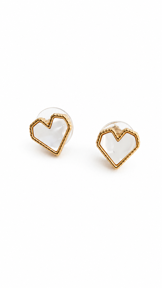Gold Heart Stud Earrings with White Shell | Stainless Steel | Hypoallergenic | Minimalist Jewelry for Women