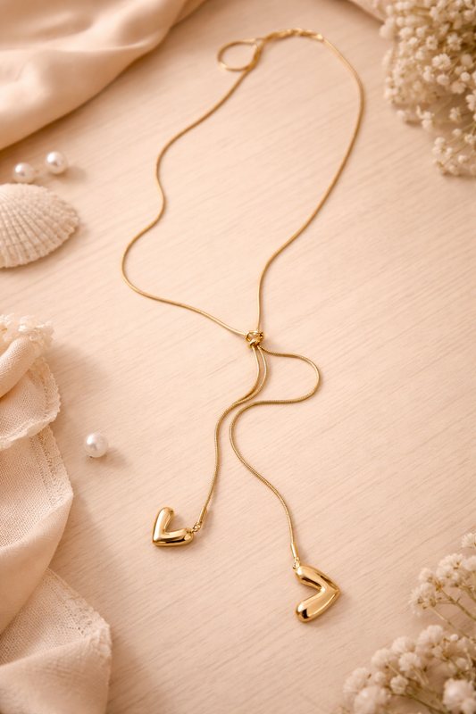 Gold Adjustable Lariat Necklace with Heart Drops