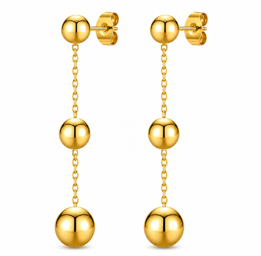Gold-Tone Triple Ball Drop Earrings – Long Chain Dangle Earrings for Women