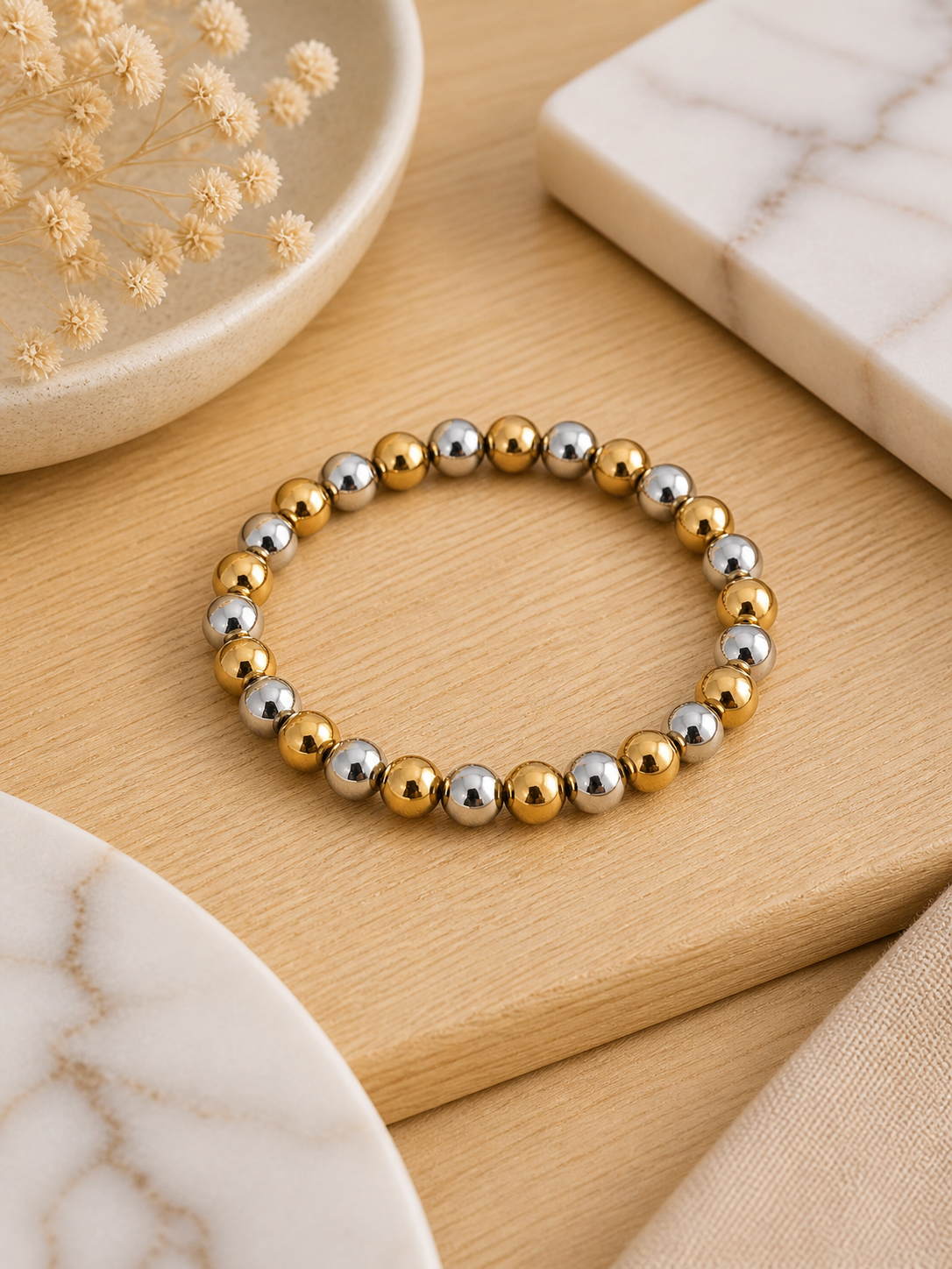 Two-Tone Beaded Bracelet (Gold & Silver) 0.8cm
