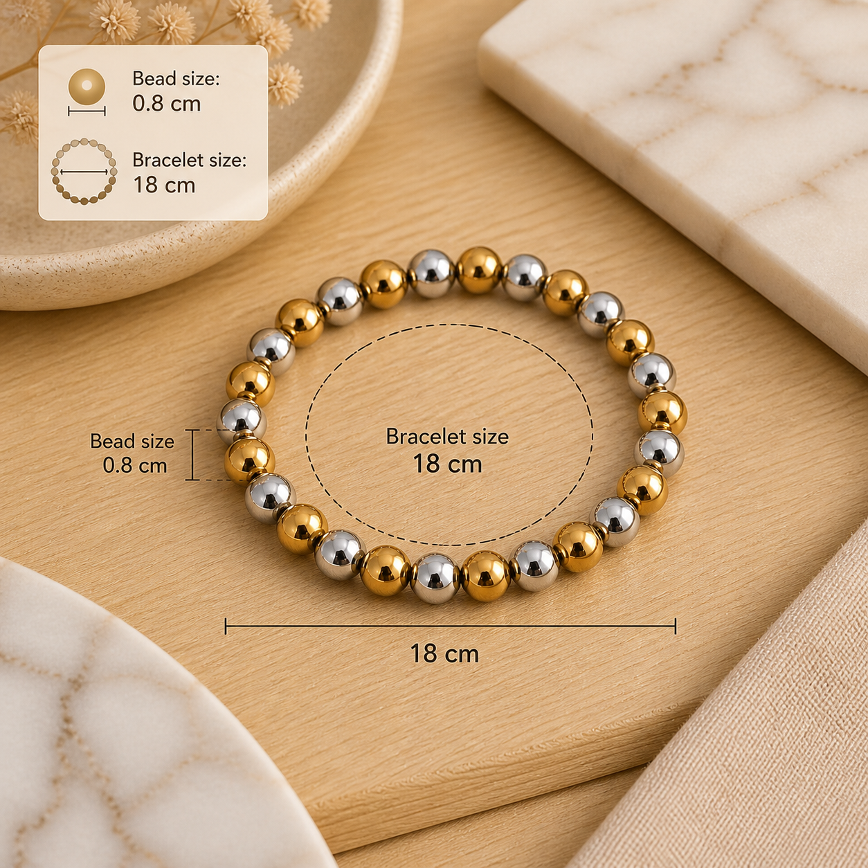 Two-Tone Beaded Bracelet (Gold & Silver) 0.8cm