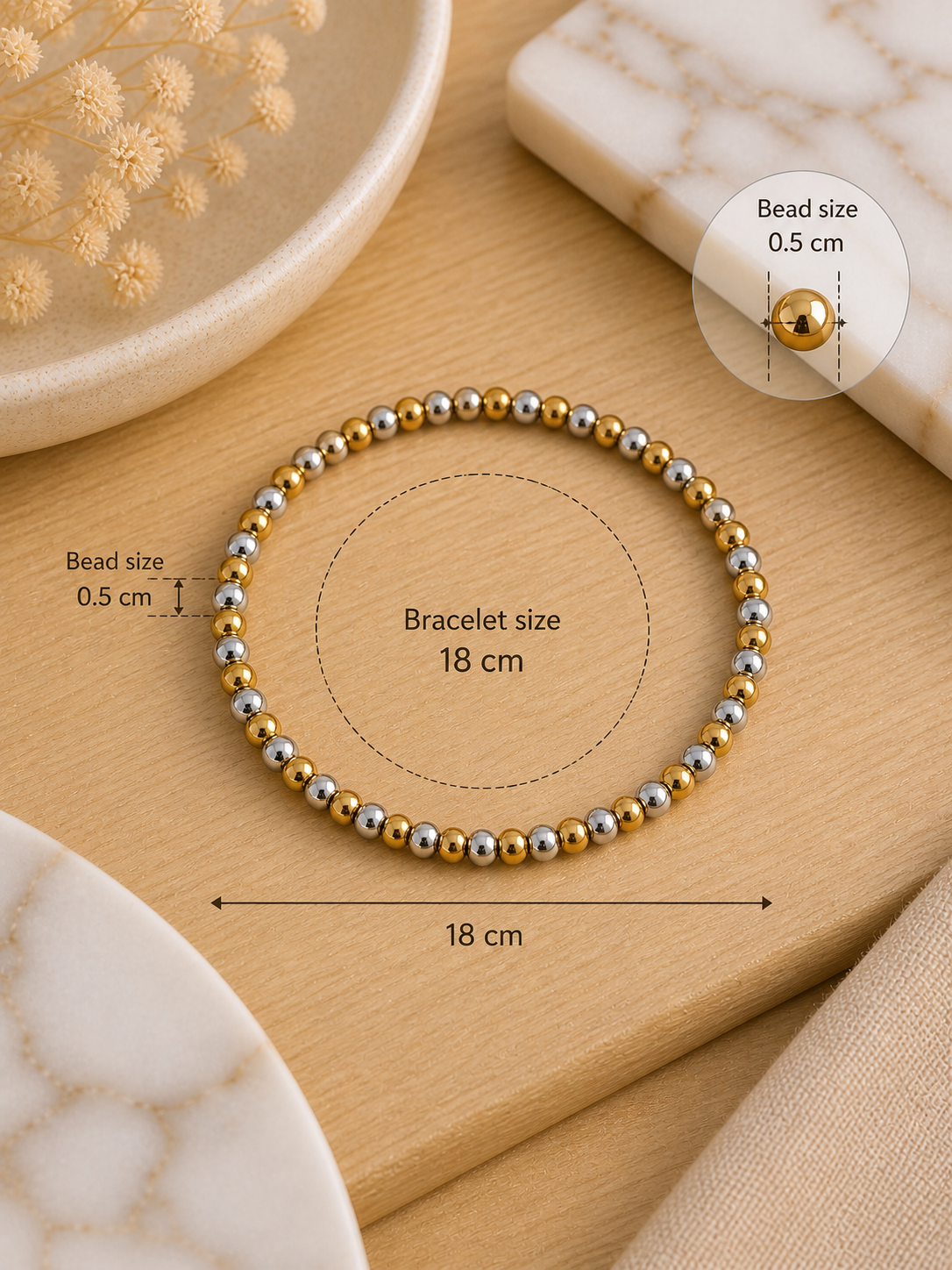 Two-Tone Beaded Bracelet (Gold & Silver) 0.5cm