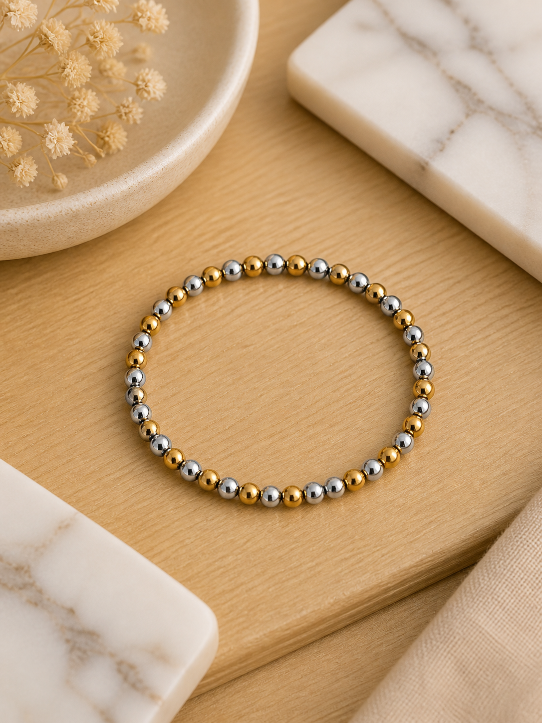 Two-Tone Beaded Bracelet (Gold & Silver) 0.5cm