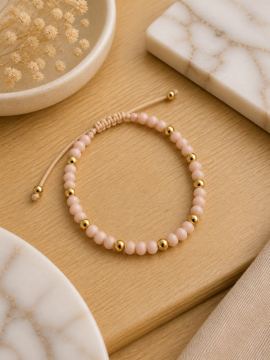 Blush Beaded Adjustable Bracelet with Gold Accents