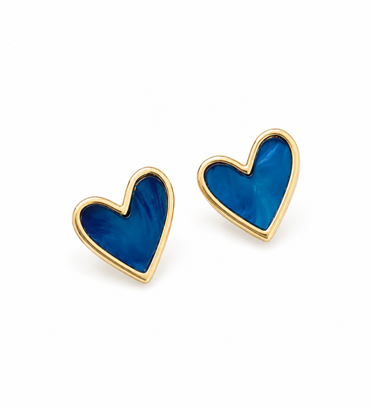 Blue Heart Mother of Pearl Stud Earrings – Gold Stainless Steel | Elegant Everyday Earrings for Women