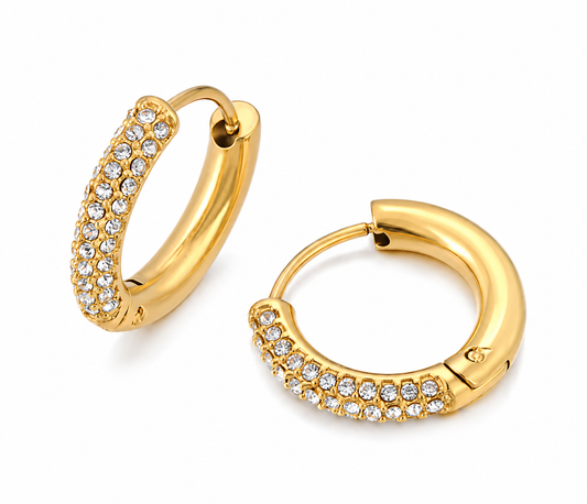 Gold Pave Hoop Earrings with CZ Stones – Stainless Steel Huggie Earrings for Women