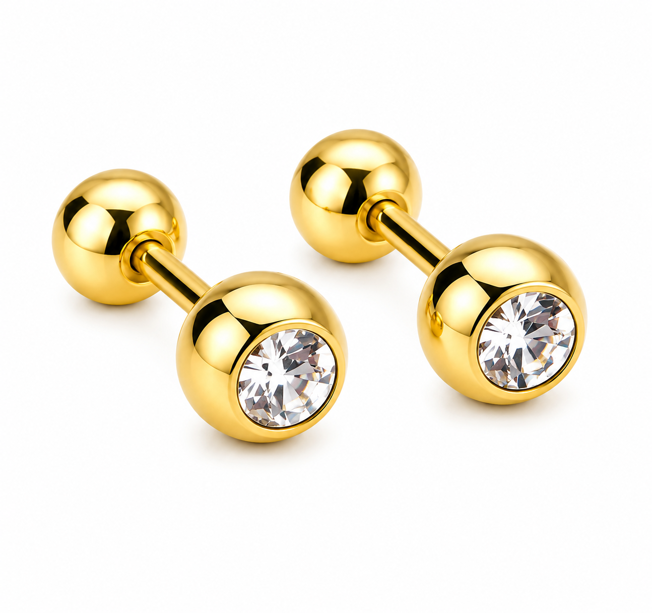 Gold CZ Ball Stud Earrings – Stainless Steel Sparkling Crystal Earrings for Women