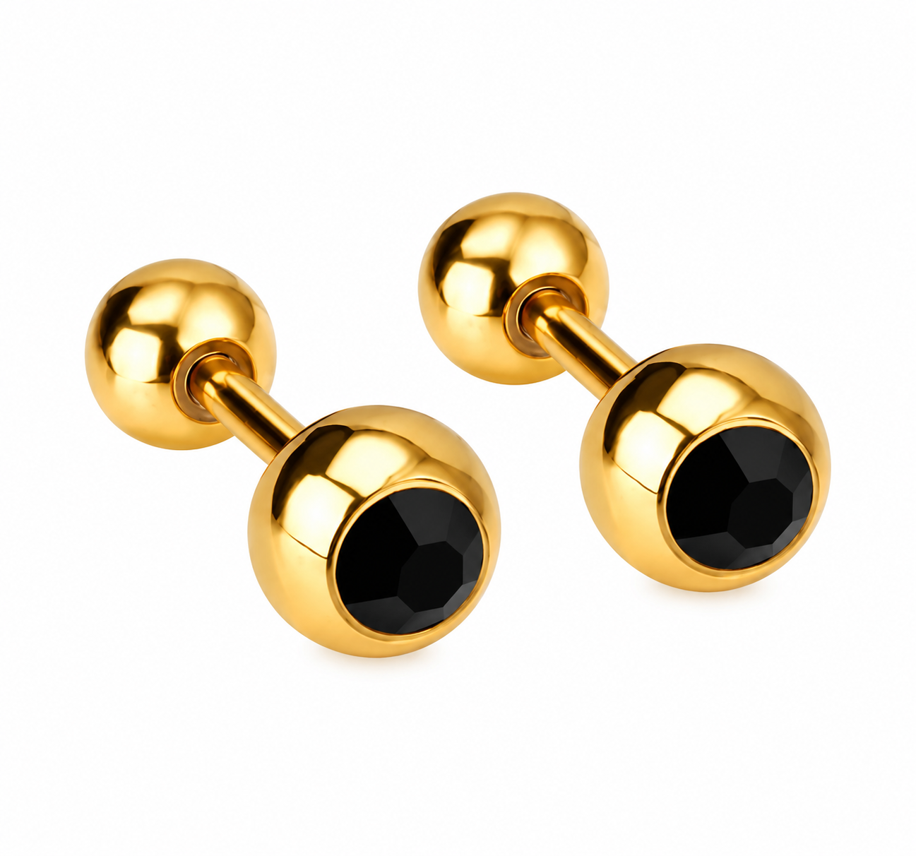 Gold Black CZ Ball Stud Earrings – Stainless Steel Minimalist Crystal Earrings for Women