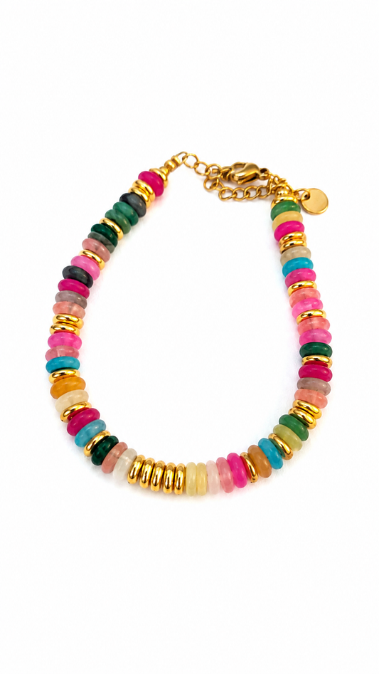 Multicolor Natural Stone Beaded Bracelet – Adjustable Gold Accent Bracelet for Women