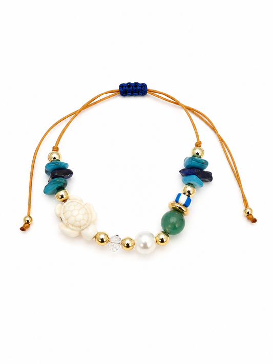 Sea Turtle Natural Stone Bracelet – Adjustable Handmade Beach Bracelet for Women