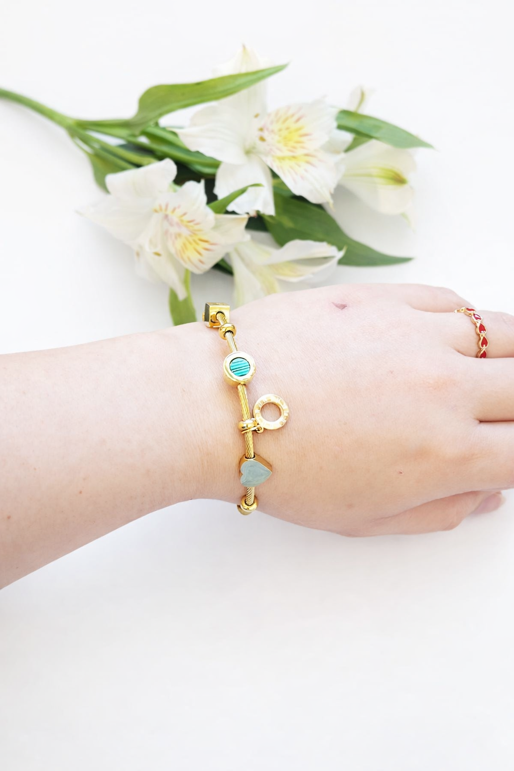 Stainless steel bracelet with Roman numerals of malachite for women