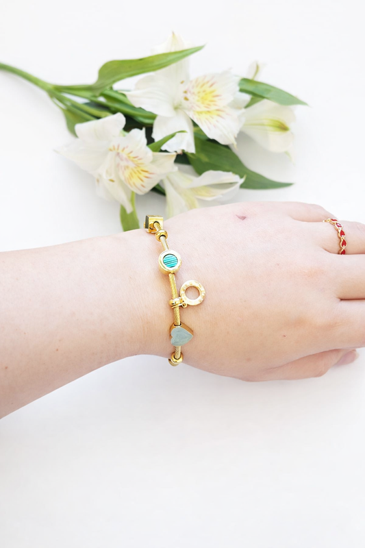 Stainless steel bracelet with Roman numerals of malachite for women