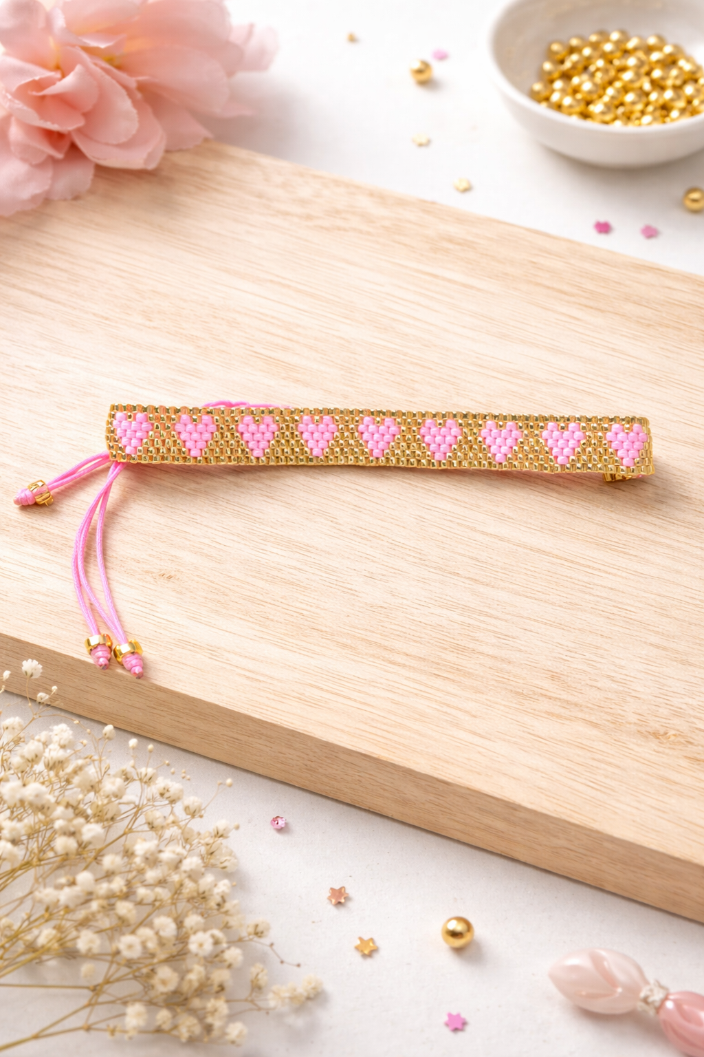 Bohemia Heart-Shaped Rice Bead Bracelet.  Rose