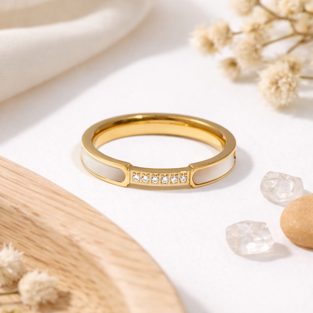 Ring Stainless Steel Mirco Paved with Small Zircon Mother of Pearl