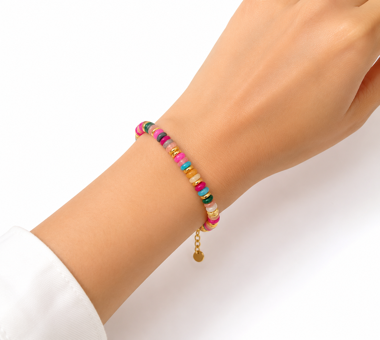 Multicolor Natural Stone Beaded Bracelet – Adjustable Gold Accent Bracelet for Women
