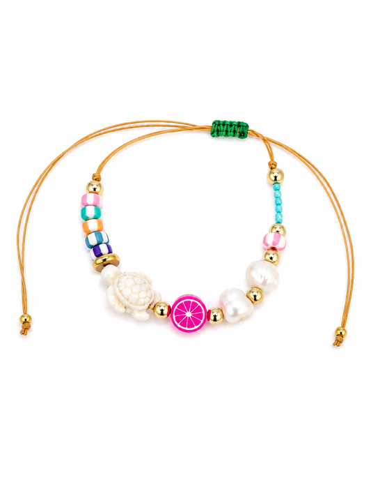 Sea Turtle & Natural Freshwater Pearl Adjustable Bracelet – Handmade Colorful Bracelet for Women