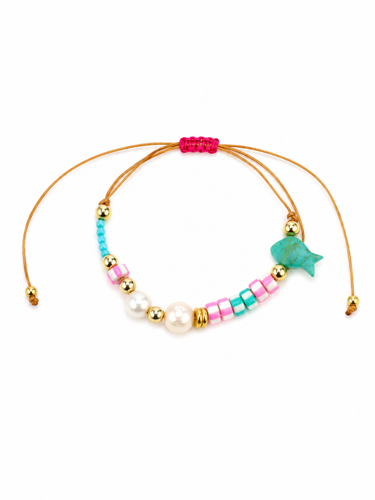 Fish & Natural Freshwater Pearl Adjustable Bracelet – Handmade Beach Bracelet for Women