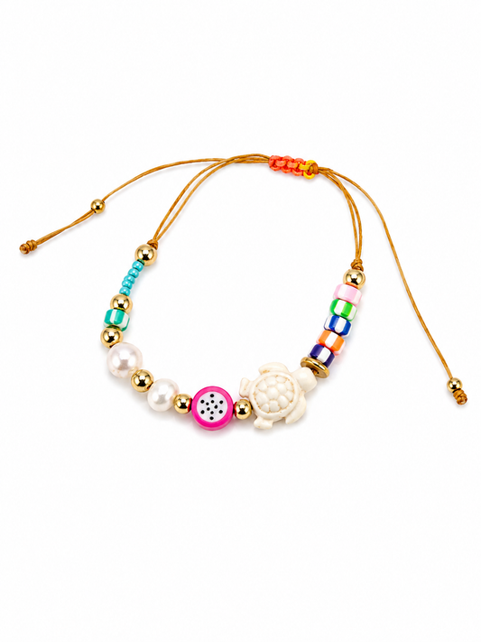 Sea Turtle & Natural Freshwater Pearl Adjustable Bracelet – Handmade Tropical Bracelet for Women