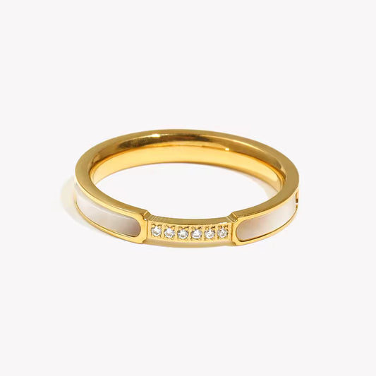 Ring Stainless Steel Mirco Paved with Small Zircon Mother of Pearl