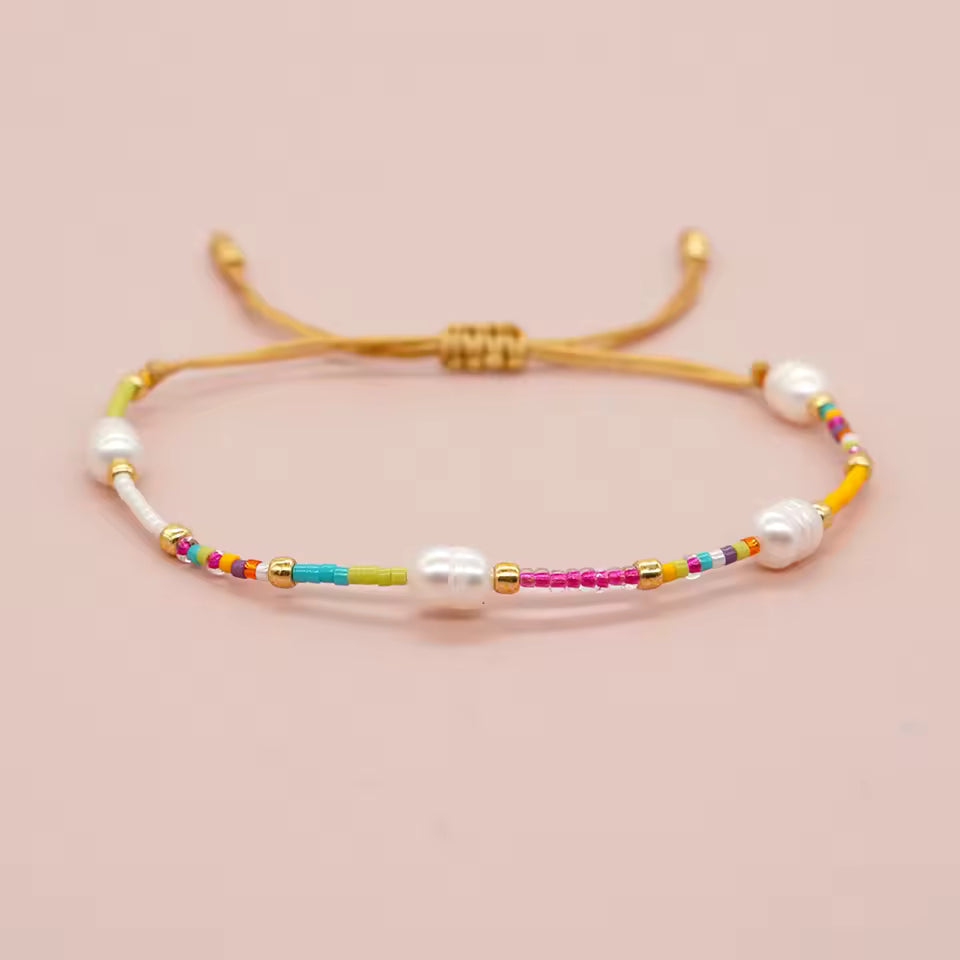 Bohemian seed bead bracelet for women, stackable rice bead and pearl bracelet.